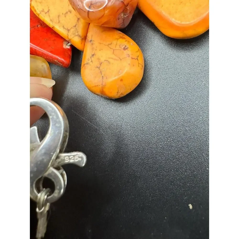 Artisan Statement Necklace Orange Red Dyed Teardrop & Natural Agate Silver Clasp